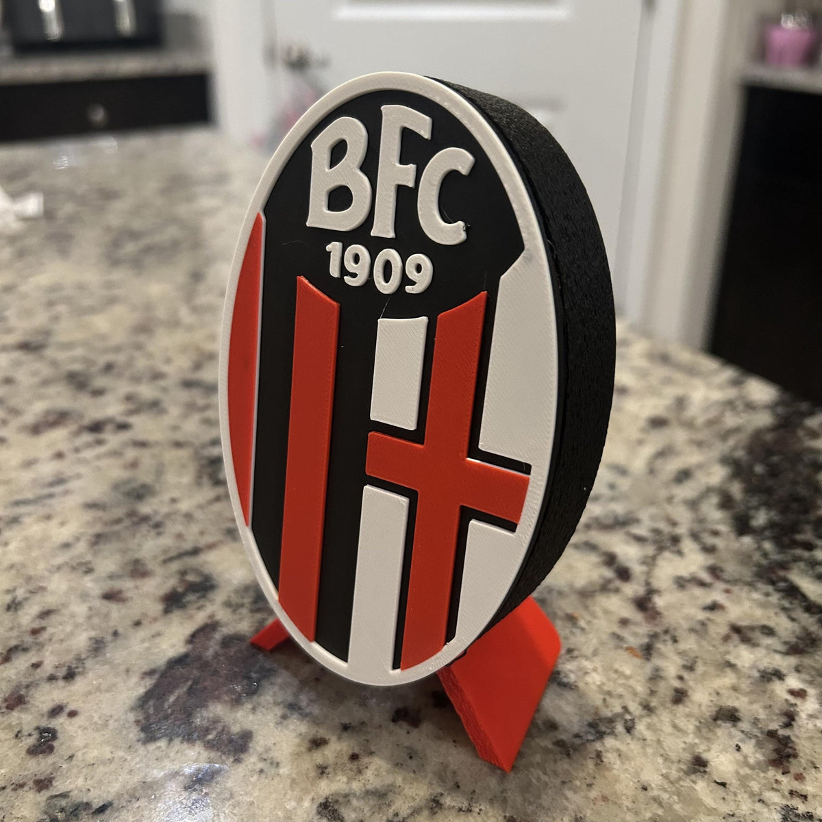 Bologna FC 1909 3D printed rossoblu crest display with stand and hidden stash box, Serie A Italian soccer fan gift, made in USA