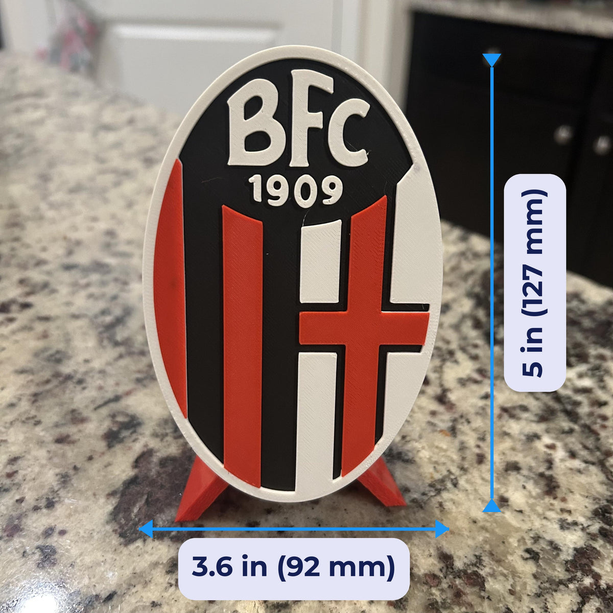 Bologna FC 1909 3D printed rossoblu crest display with stand and hidden stash box, Serie A Italian soccer fan gift, made in USA