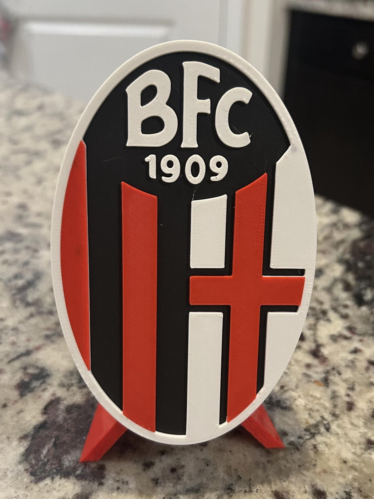 Bologna FC 1909 3D printed rossoblu crest display with stand and hidden stash box, Serie A Italian soccer fan gift, made in USA