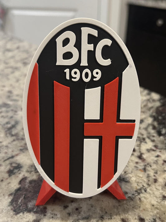 Bologna FC 1909 3D printed rossoblu crest display with stand and hidden stash box, Serie A Italian soccer fan gift, made in USA