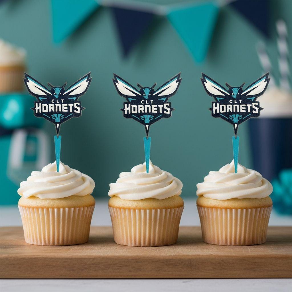 Charlotte Hornets 3D printed cake topper and cupcake toppers, food-grade PETG flying hornet logo, NBA basketball birthday party decor, made in USA