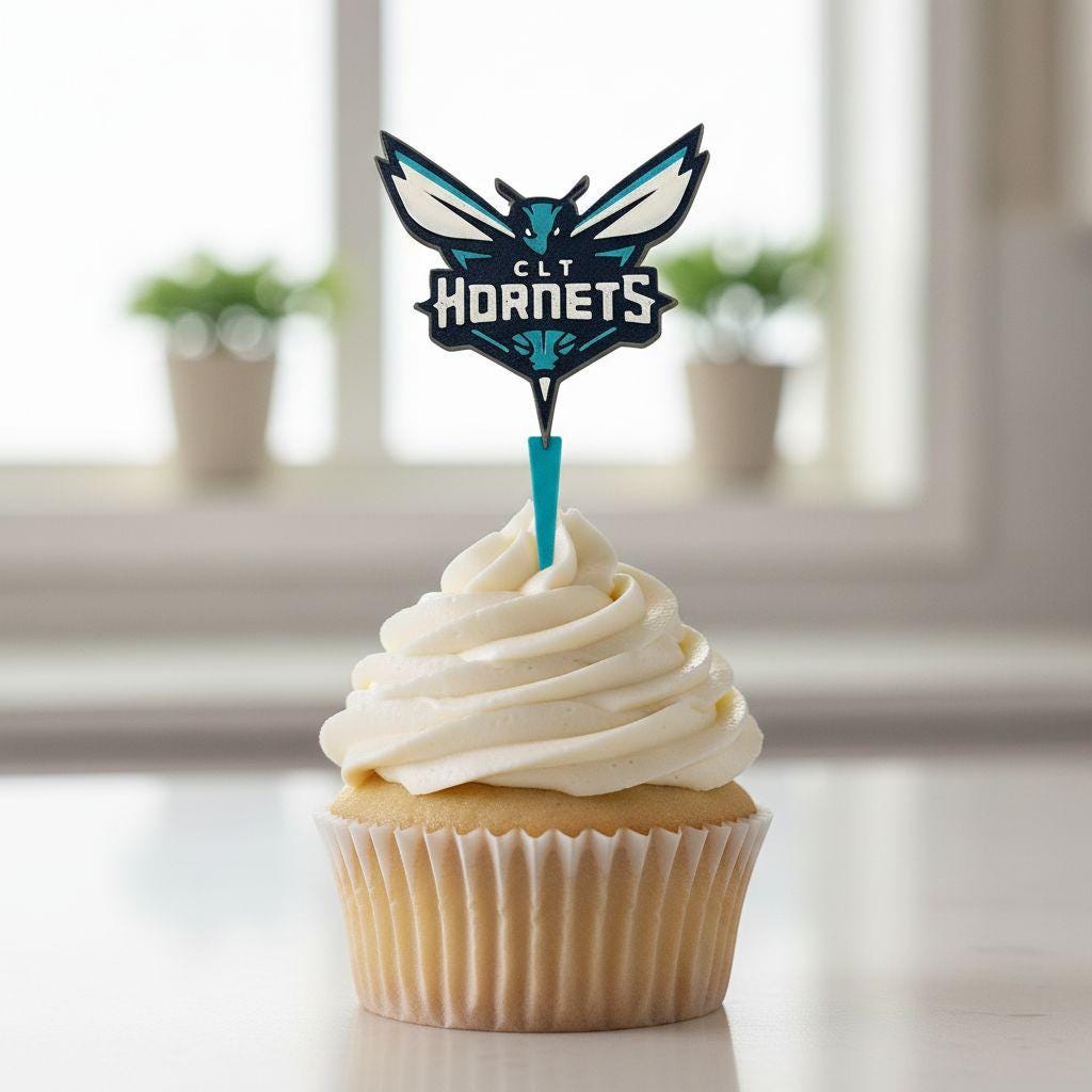 Charlotte Hornets 3D printed cake topper and cupcake toppers, food-grade PETG flying hornet logo, NBA basketball birthday party decor, made in USA