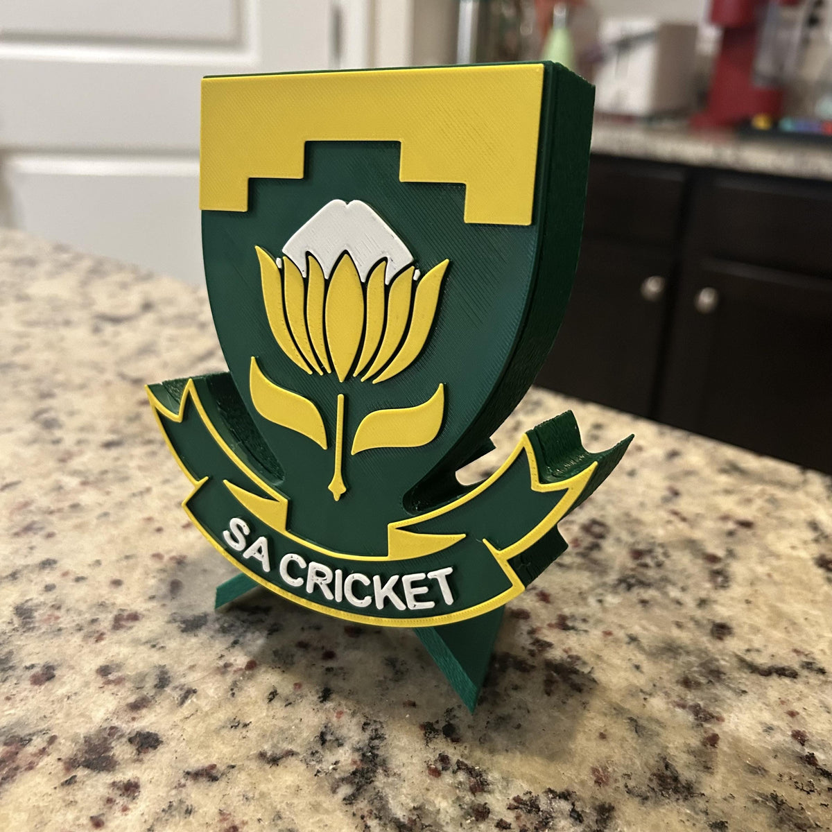 3D Printed South Africa Cricket Crest Display with Stand — also a desk decor; 3D printed fan gift, made in USA