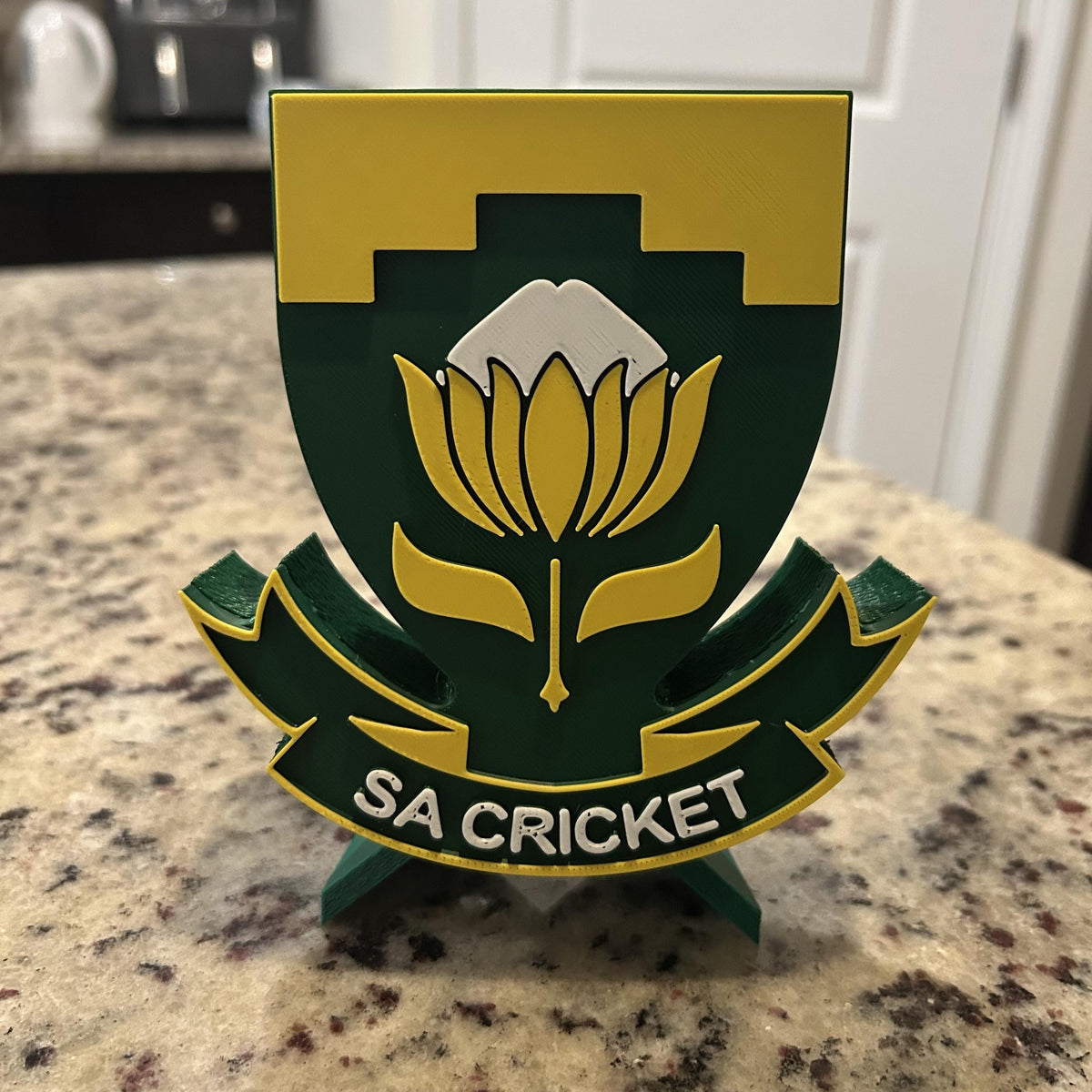 3D Printed South Africa Cricket Crest Display with Stand — also a desk decor; 3D printed fan gift, made in USA