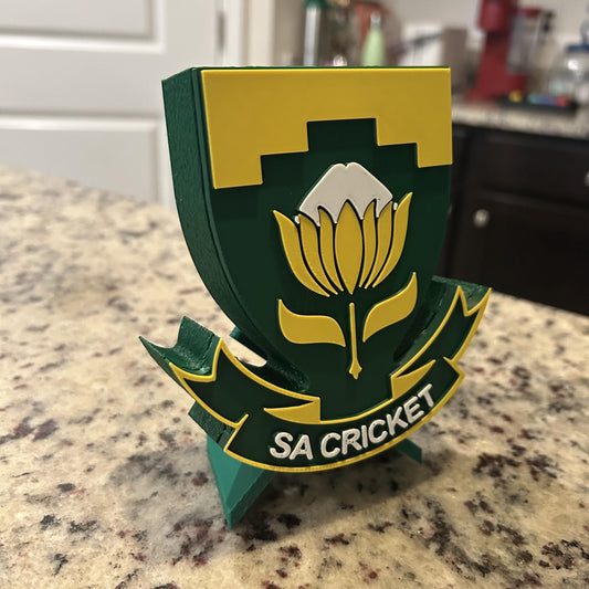 3D Printed South Africa Cricket Crest Display with Stand — also a desk decor; 3D printed fan gift, made in USA