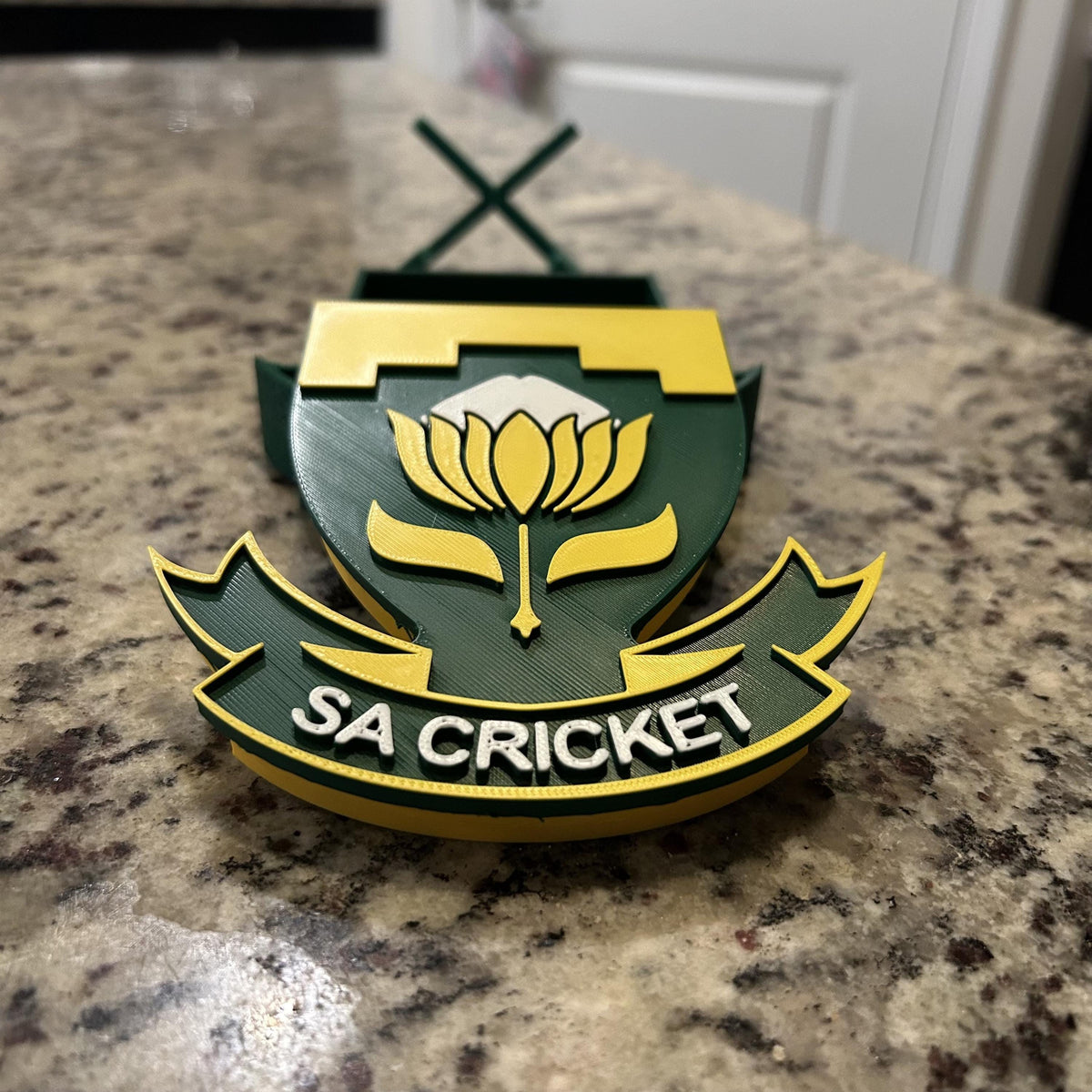 3D Printed South Africa Cricket Crest Display with Stand — also a desk decor; 3D printed fan gift, made in USA