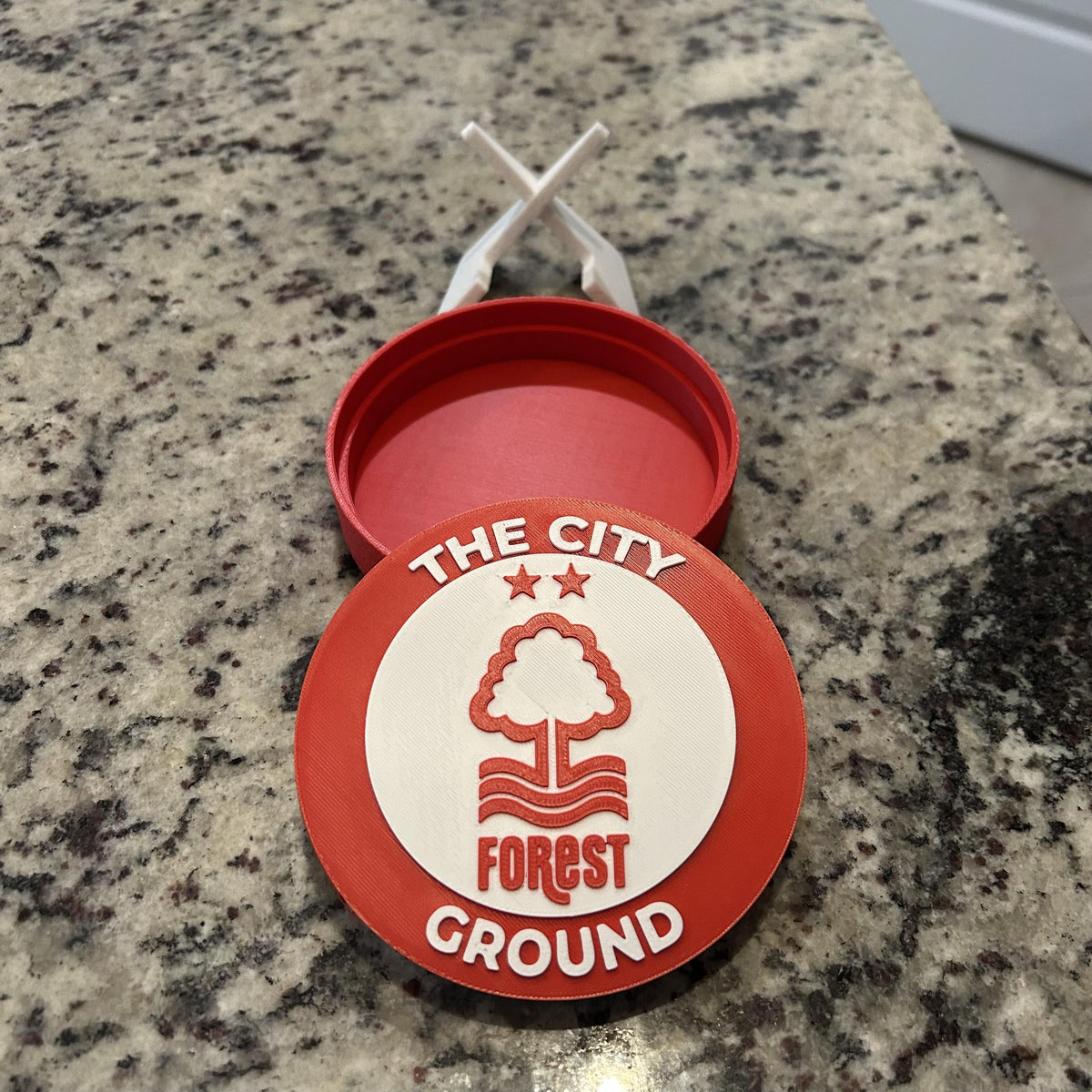 Nottingham Forest Personalized Roundel Display & Stash Box with stand; 3D printed fan gift, made in USA