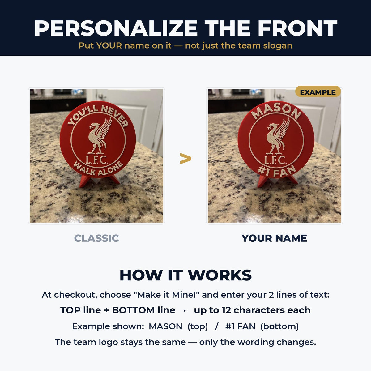 Liverpool FC personalized roundel — custom name and #1 Fan arc text example, 3D printed fan display with stand, made in USA
