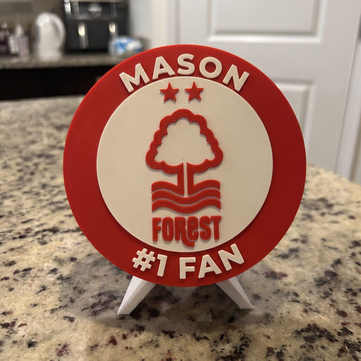 Nottingham Forest personalized roundel — custom name and #1 Fan arc text example, 3D printed fan display with stand, made in USA