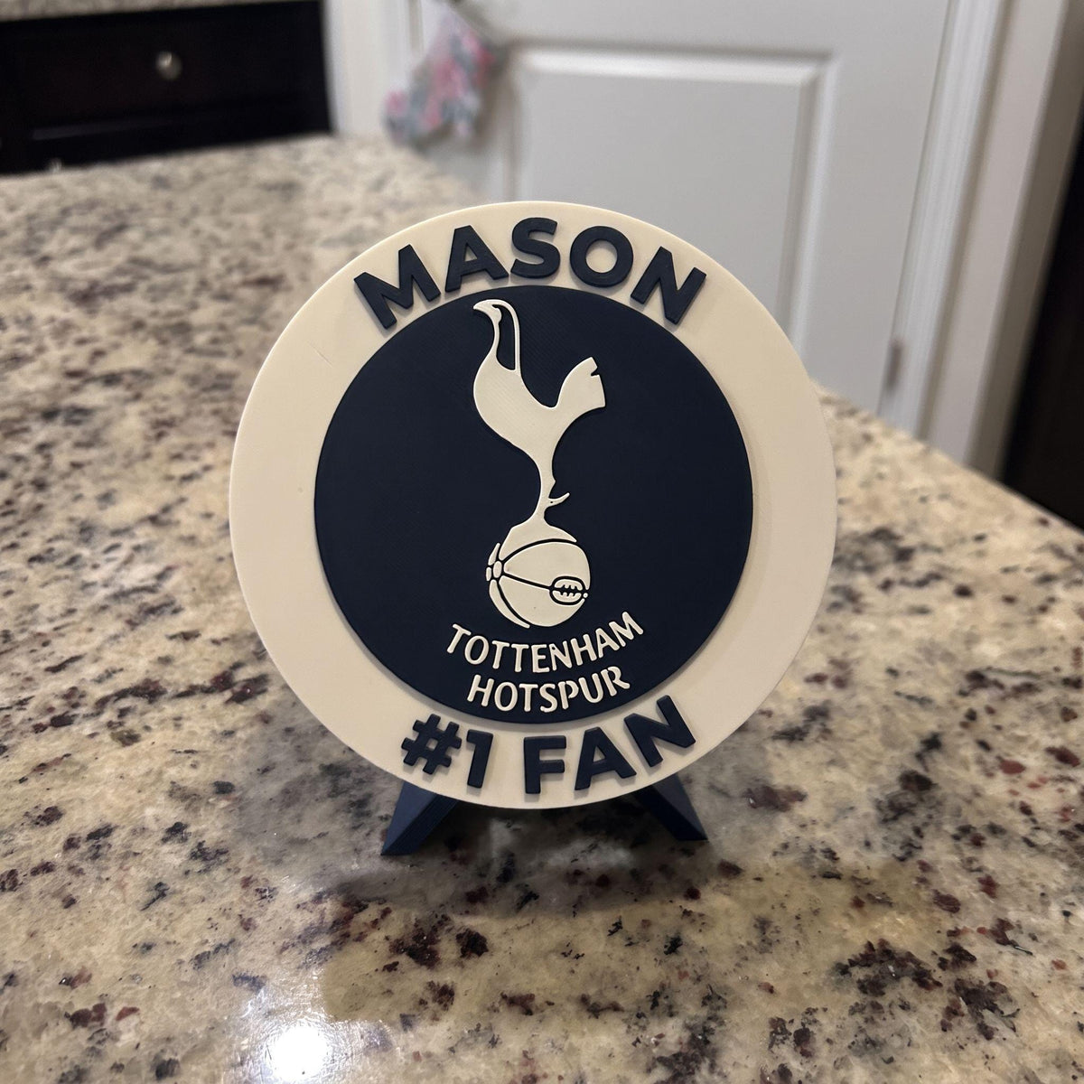 Tottenham Hotspur personalized roundel — custom name and #1 Fan arc text example, 3D printed fan display with stand, made in USA