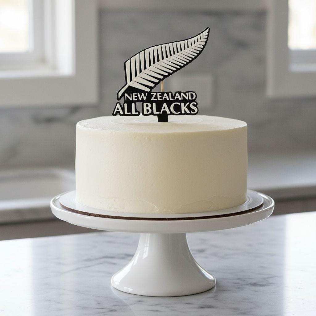 New Zealand All Blacks 3D printed cake topper and cupcake toppers, food-grade PETG silver fern emblem, rugby birthday party decoration, made in USA