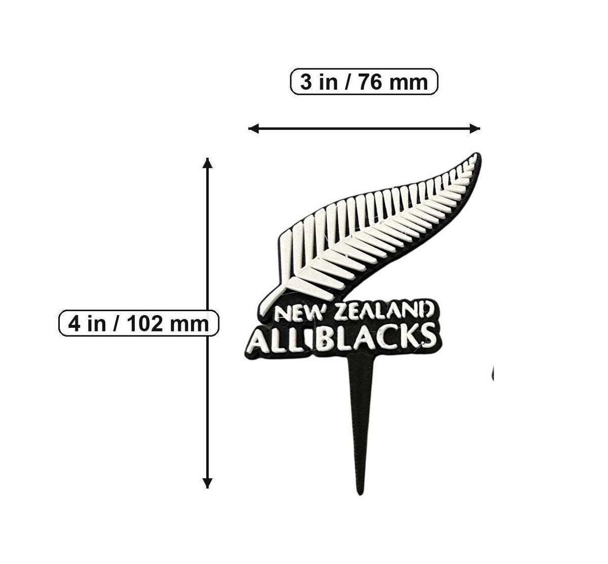 New Zealand All Blacks 3D printed cake topper and cupcake toppers, food-grade PETG silver fern emblem, rugby birthday party decoration, made in USA