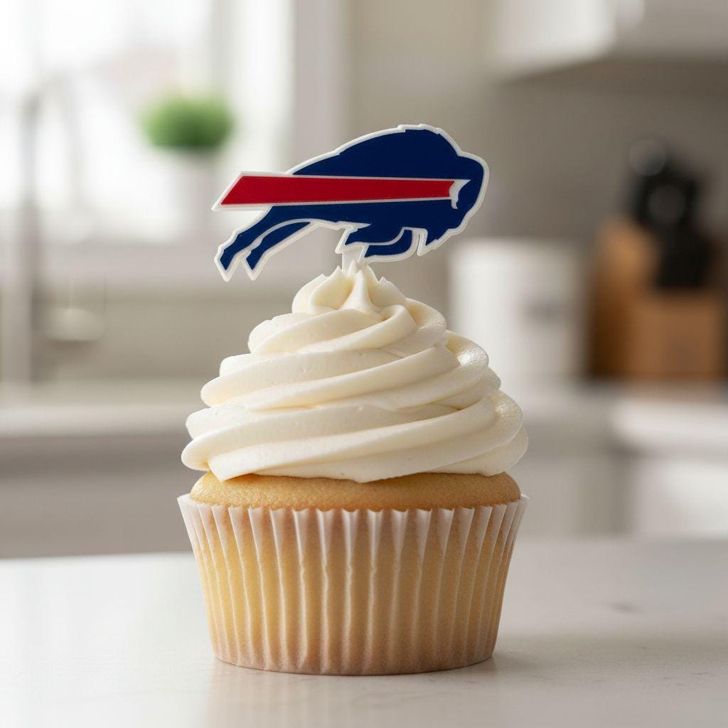 Buffalo Bills 3D printed cake topper and cupcake toppers, food-grade PETG charging buffalo logo, NFL football birthday party decoration, made in USA