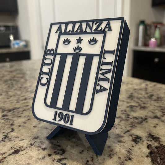 Alianza Lima 3D Printed Crest Display with Stand; 3D printed fan gift, made in USA