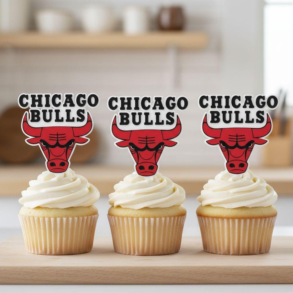 Chicago Bulls 3D printed cake topper and cupcake toppers, food-grade PETG Bulls logo, NBA basketball birthday party decoration, made in USA