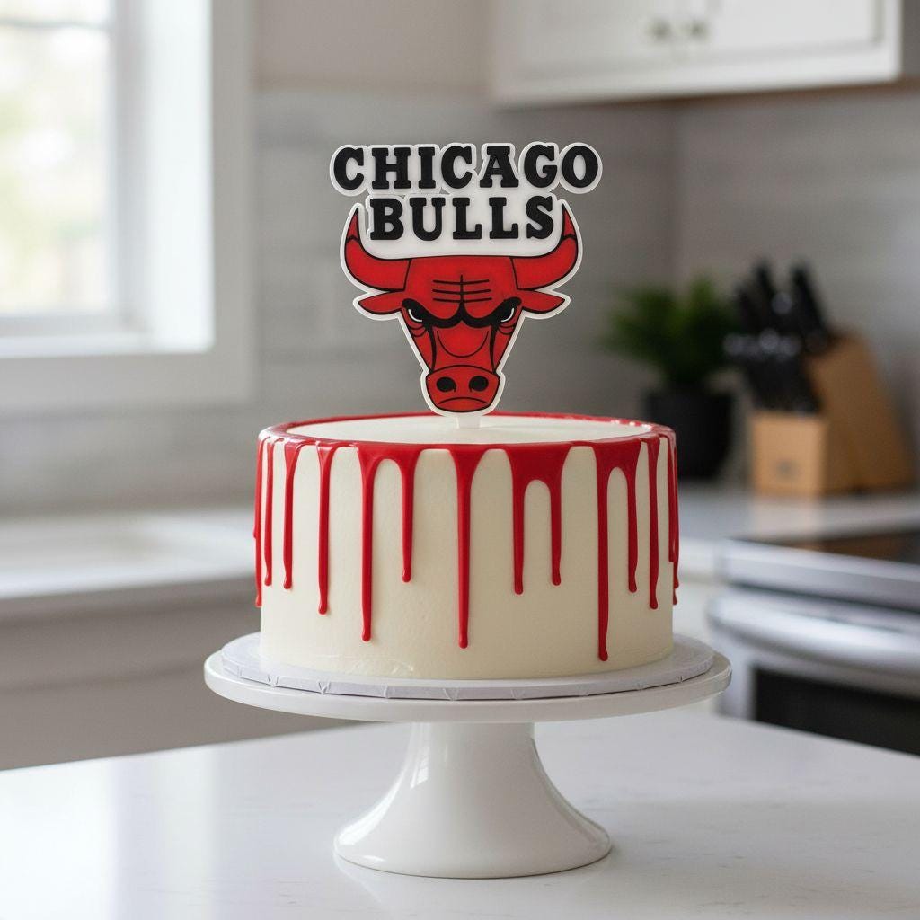 Chicago Bulls 3D printed cake topper and cupcake toppers, food-grade PETG Bulls logo, NBA basketball birthday party decoration, made in USA