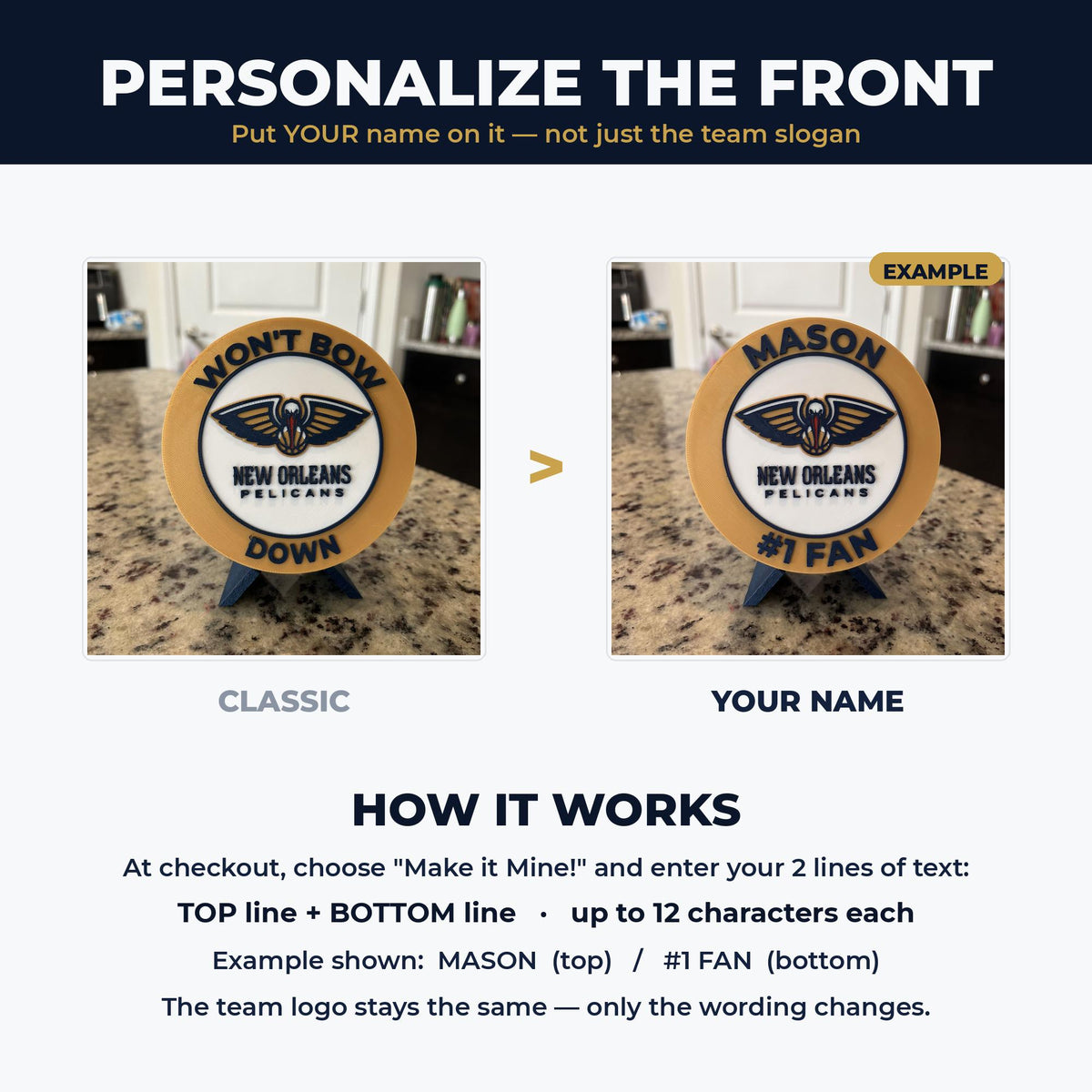 New Orleans Pelicans Personalized Roundel Display with Stand; 3D printed fan gift, made in USA