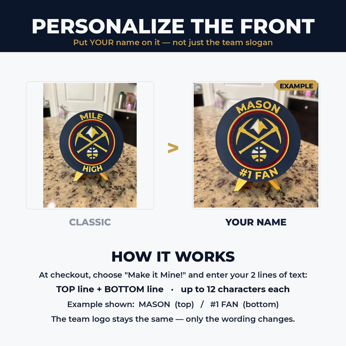 Denver Nuggets Personalized Roundel Display with Stand; 3D printed fan gift, made in USA
