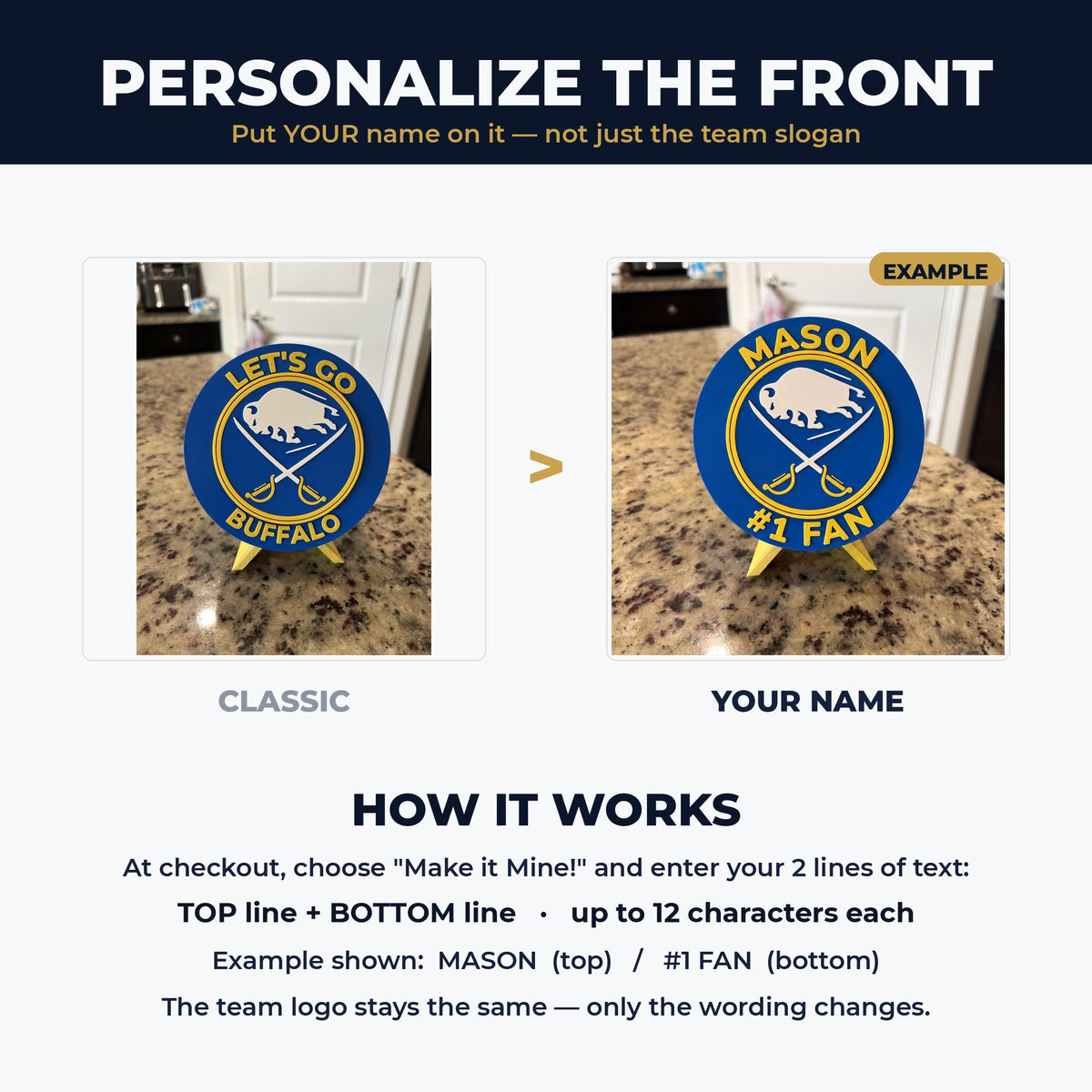 Buffalo Sabres Personalized Roundel Display with Stand; 3D printed fan gift, made in USA
