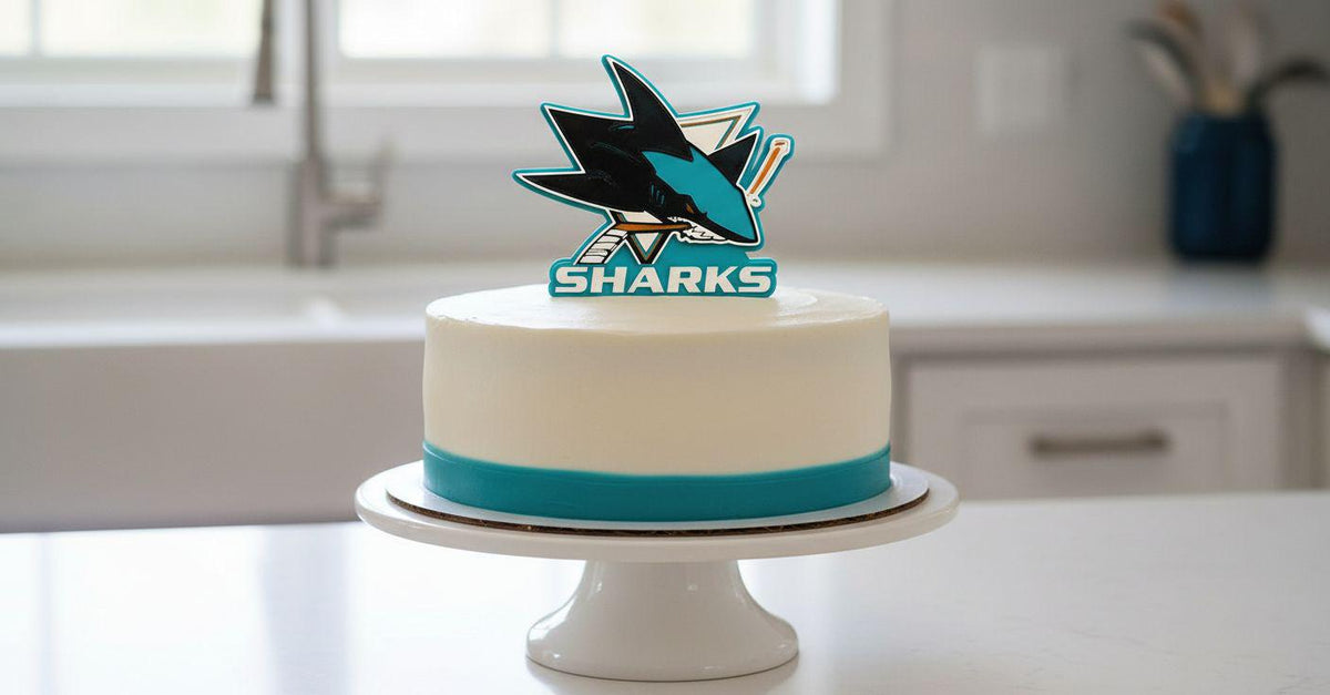 San Jose Sharks 3D printed cake topper, food-grade PETG teal shark logo, NHL hockey birthday party decoration, made in USA