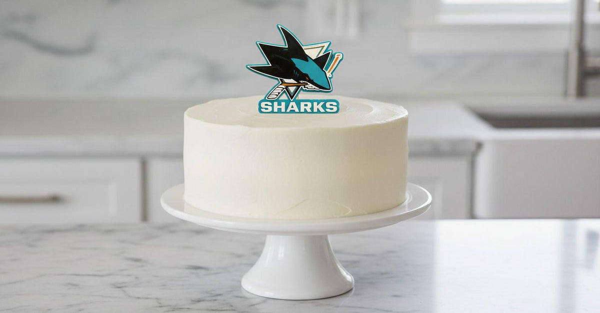 San Jose Sharks 3D printed cake topper, food-grade PETG teal shark logo, NHL hockey birthday party decoration, made in USA