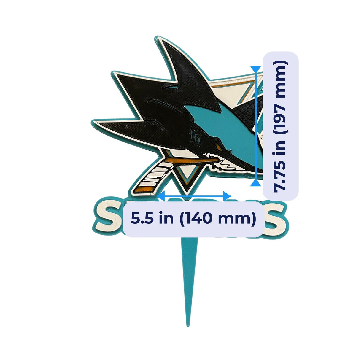 San Jose Sharks 3D printed cake topper, food-grade PETG teal shark logo, NHL hockey birthday party decoration, made in USA