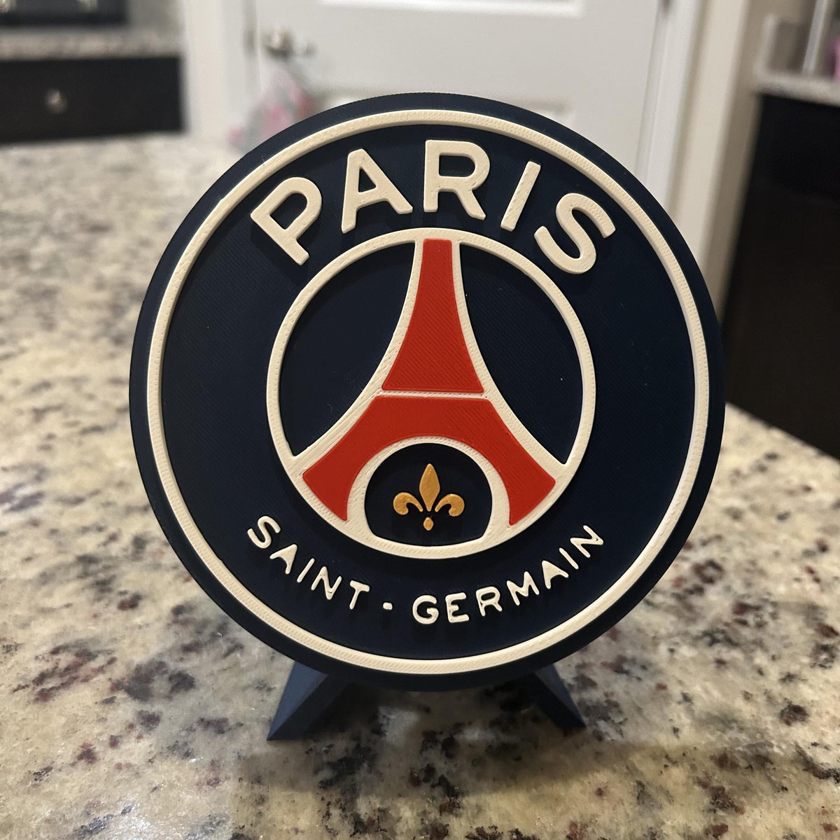 3D Printed Paris Saint-Germain PSG Crest Display with Stand; 3D printed fan gift, made in USA