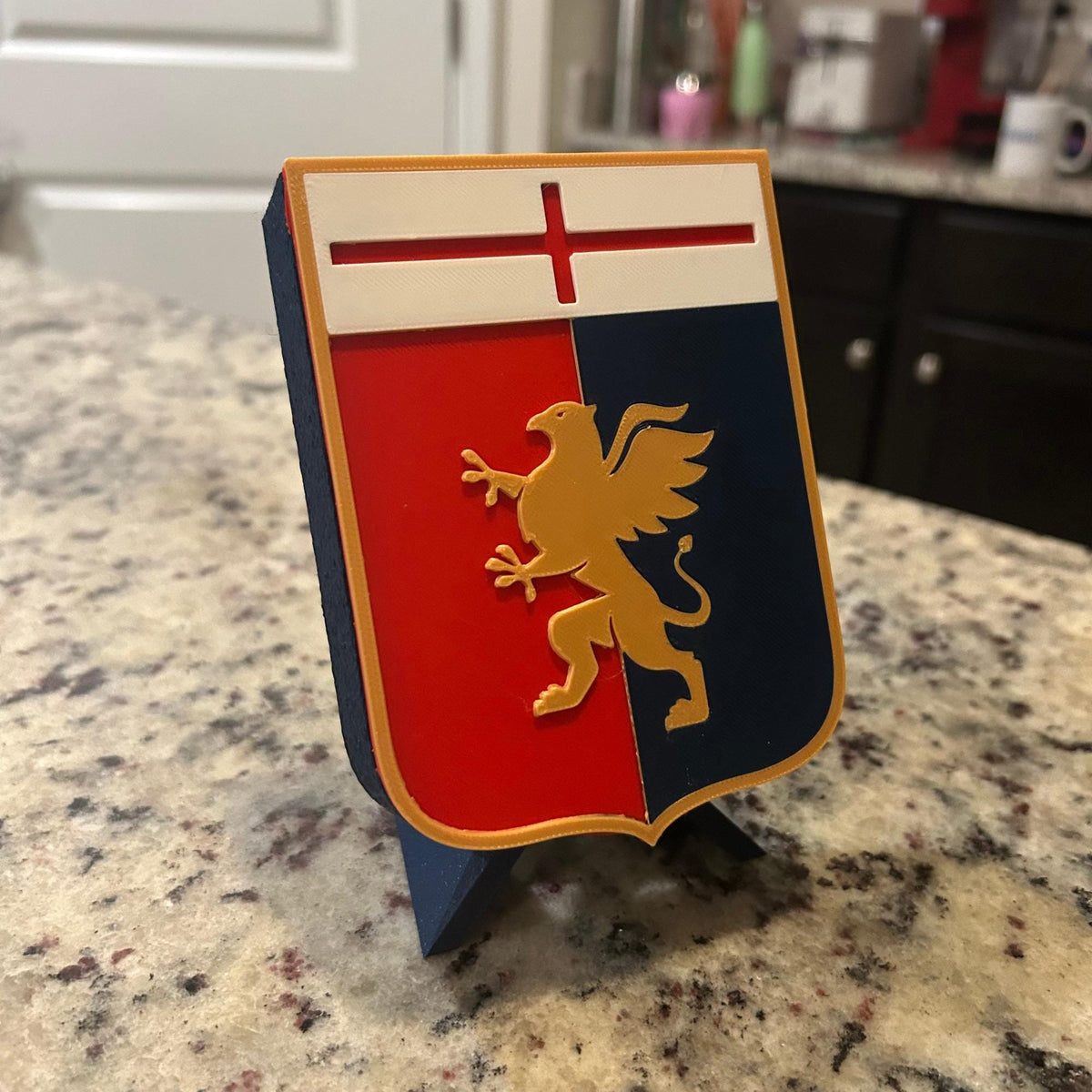 3D Printed Genoa CFC Crest Display with Stand; 3D printed fan gift, made in USA