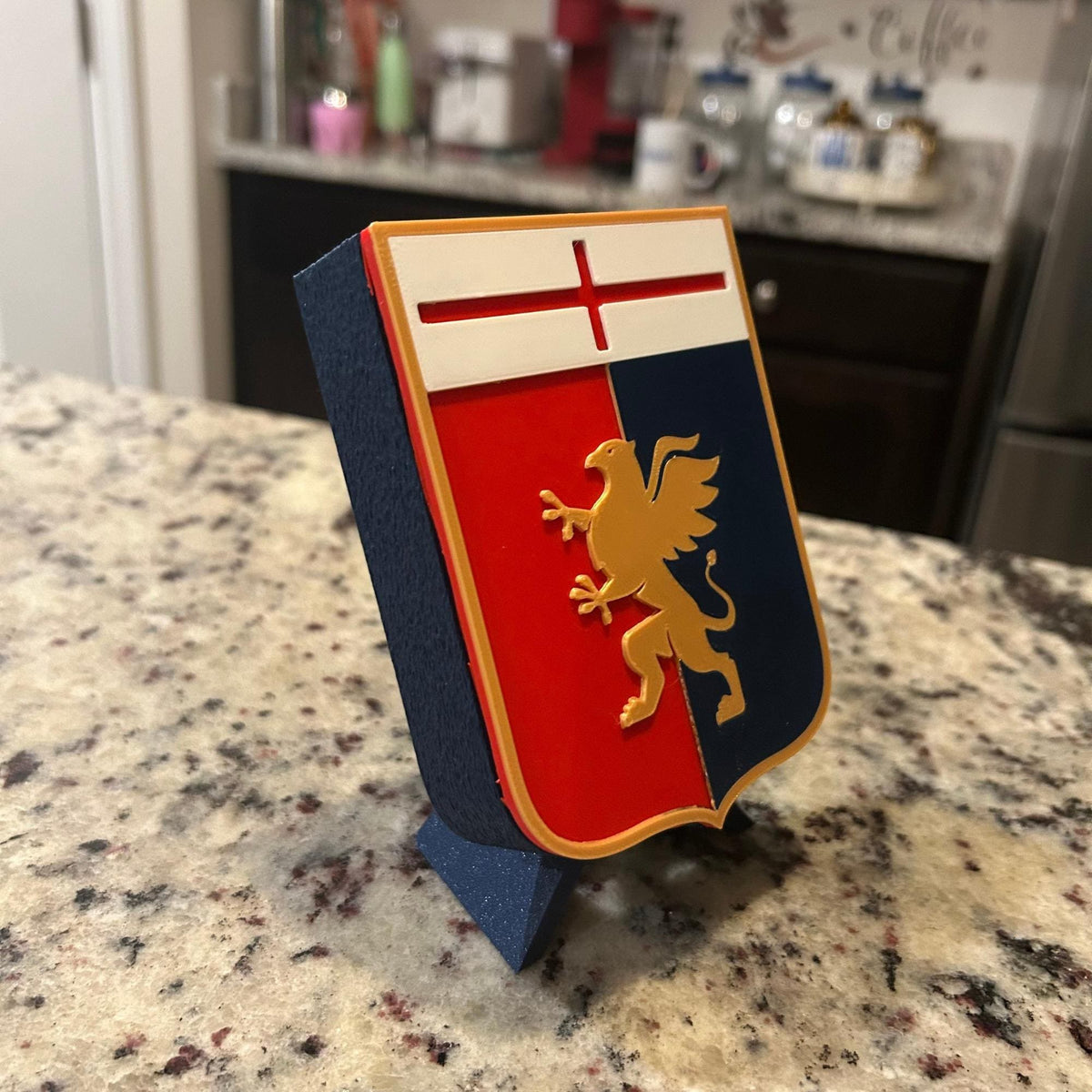 3D Printed Genoa CFC Crest Display with Stand; 3D printed fan gift, made in USA