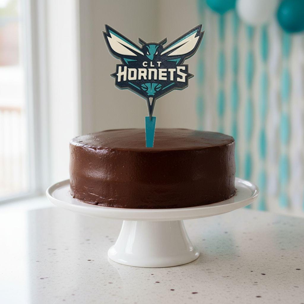 Charlotte Hornets 3D printed cake topper and cupcake toppers, food-grade PETG flying hornet logo, NBA basketball birthday party decor, made in USA