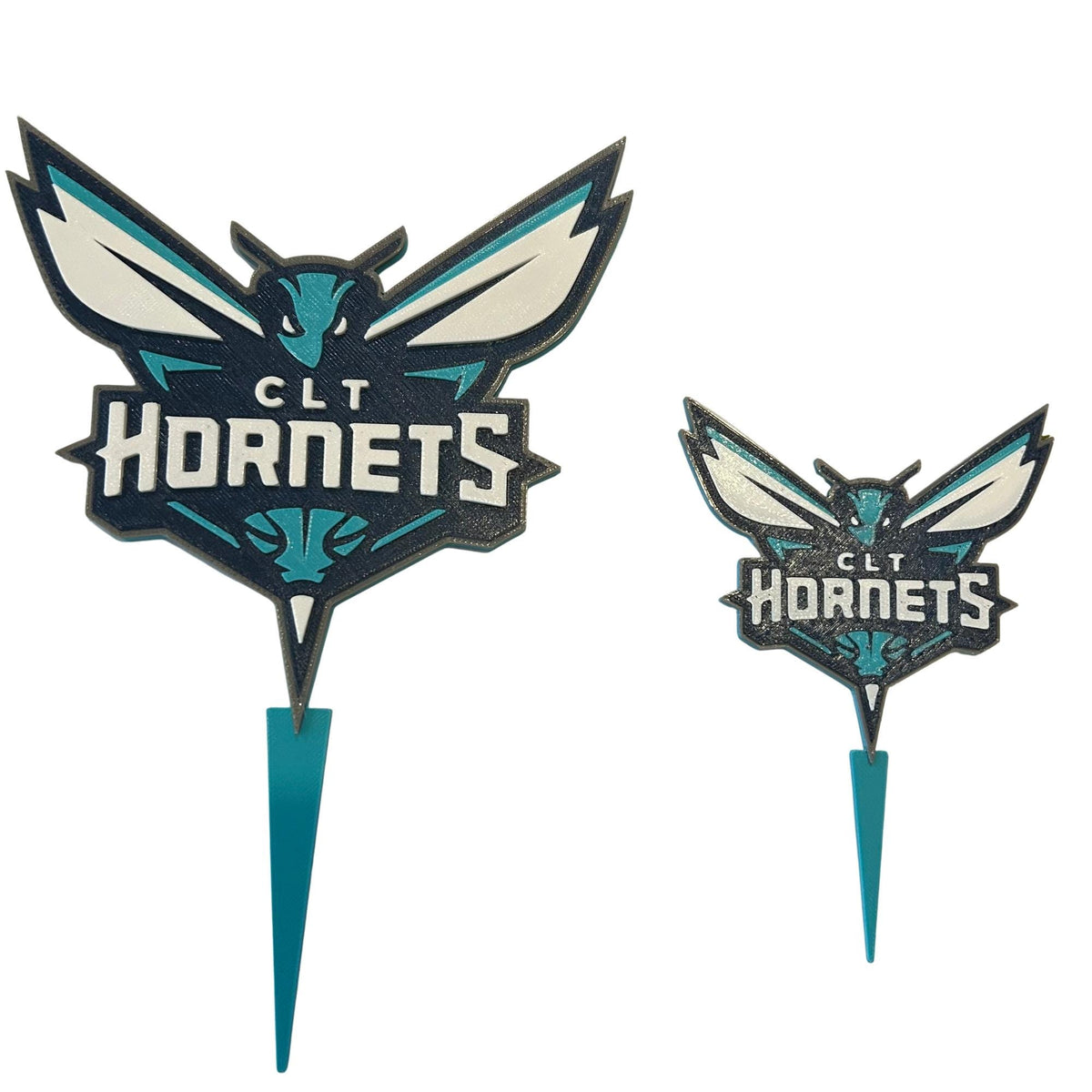 Charlotte Hornets 3D printed cake topper and cupcake toppers, food-grade PETG flying hornet logo, NBA basketball birthday party decor, made in USA