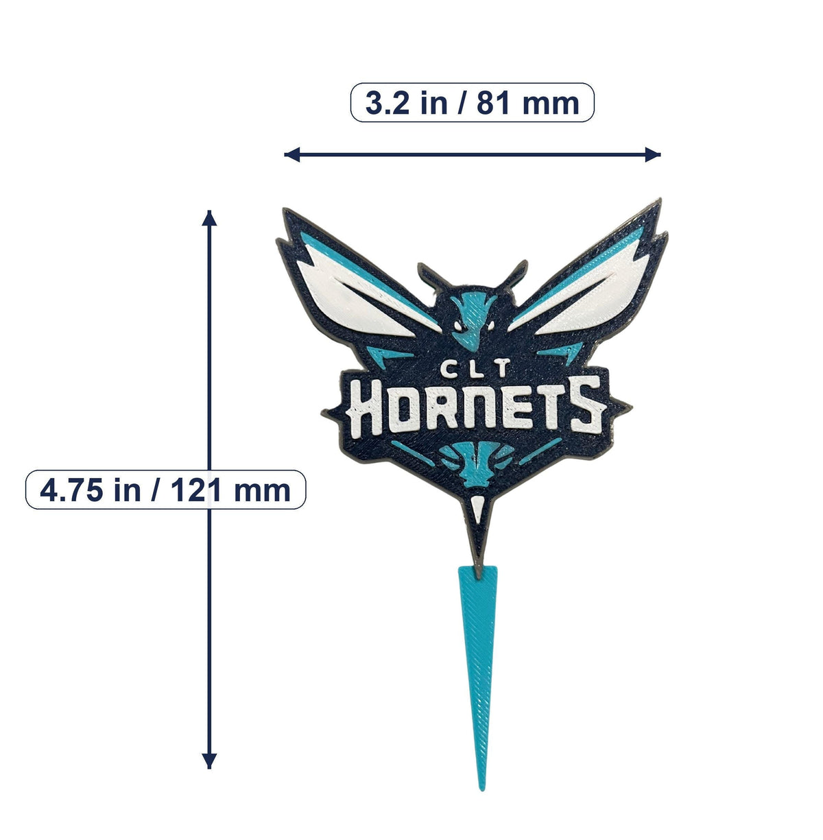 Charlotte Hornets 3D printed cake topper and cupcake toppers, food-grade PETG flying hornet logo, NBA basketball birthday party decor, made in USA