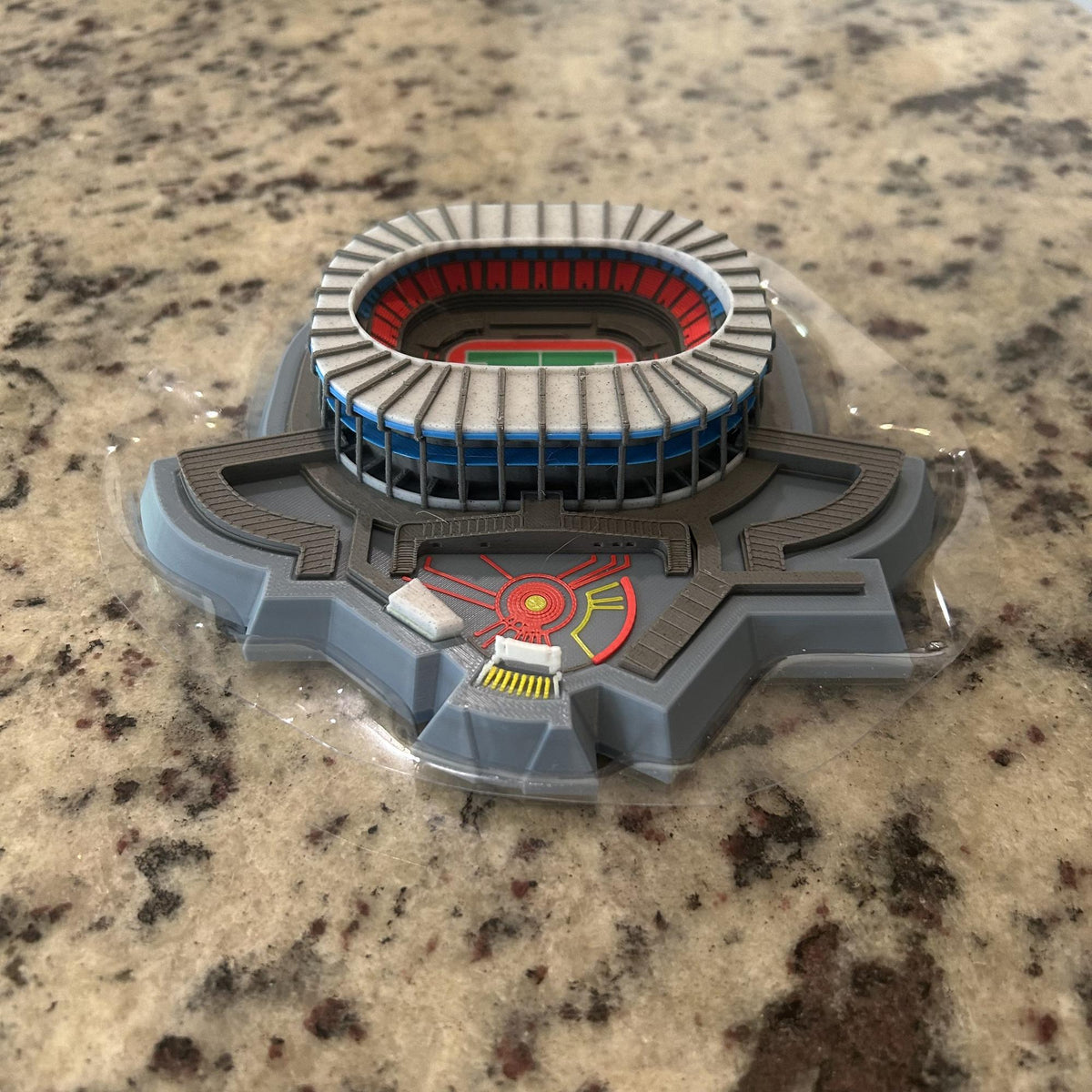 Multicolor 3D printed Estadio Azteca model showing seating tiers, blue concourse rings and green pitch, Mexican soccer fan collector gift, no paint, made in USA