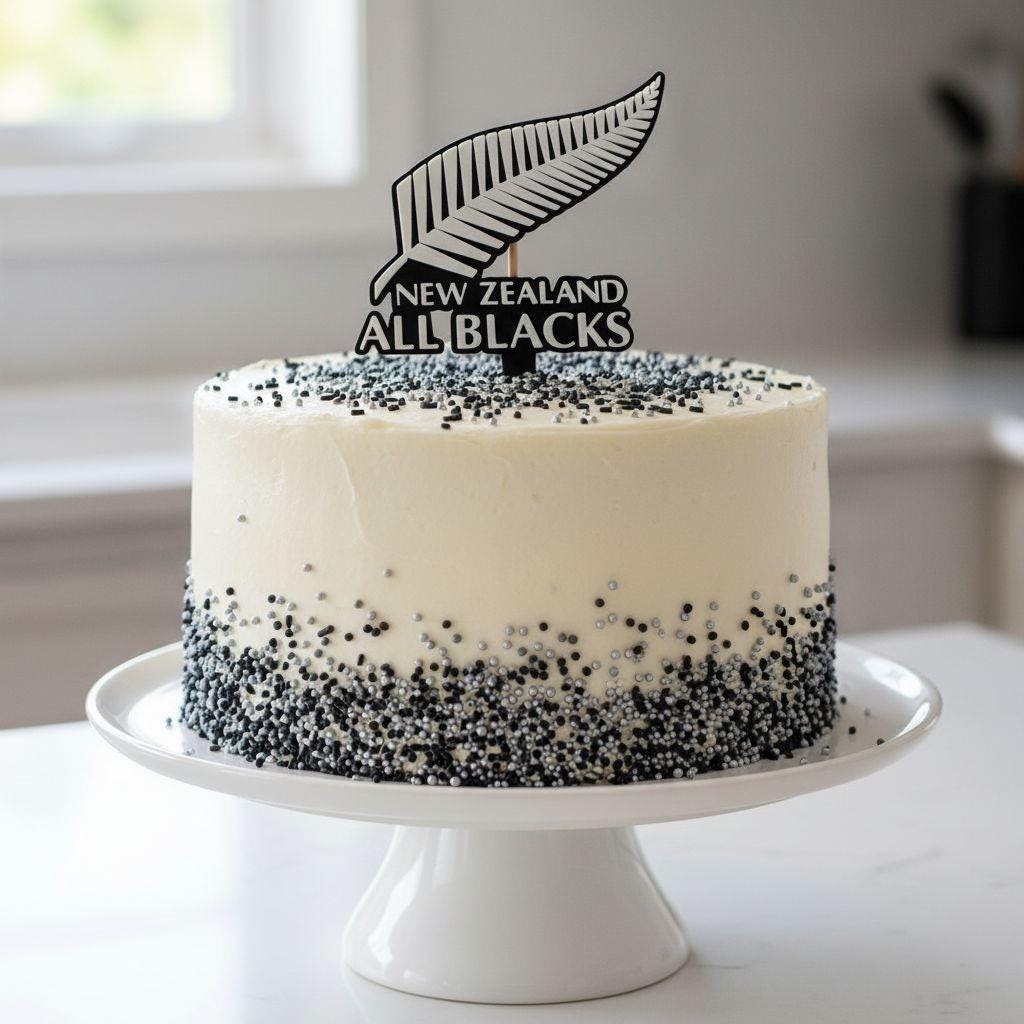 New Zealand All Blacks 3D printed cake topper and cupcake toppers, food-grade PETG silver fern emblem, rugby birthday party decoration, made in USA