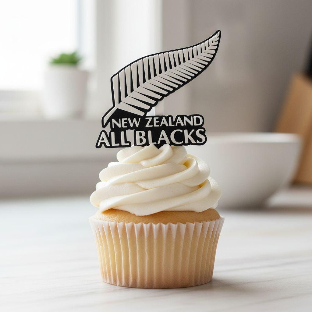 New Zealand All Blacks 3D printed cake topper and cupcake toppers, food-grade PETG silver fern emblem, rugby birthday party decoration, made in USA