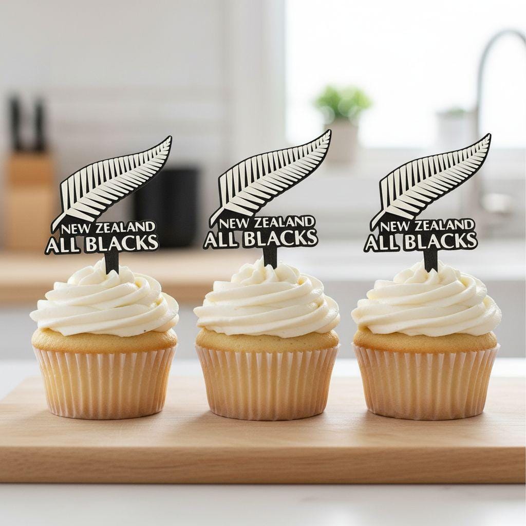 New Zealand All Blacks 3D printed cake topper and cupcake toppers, food-grade PETG silver fern emblem, rugby birthday party decoration, made in USA
