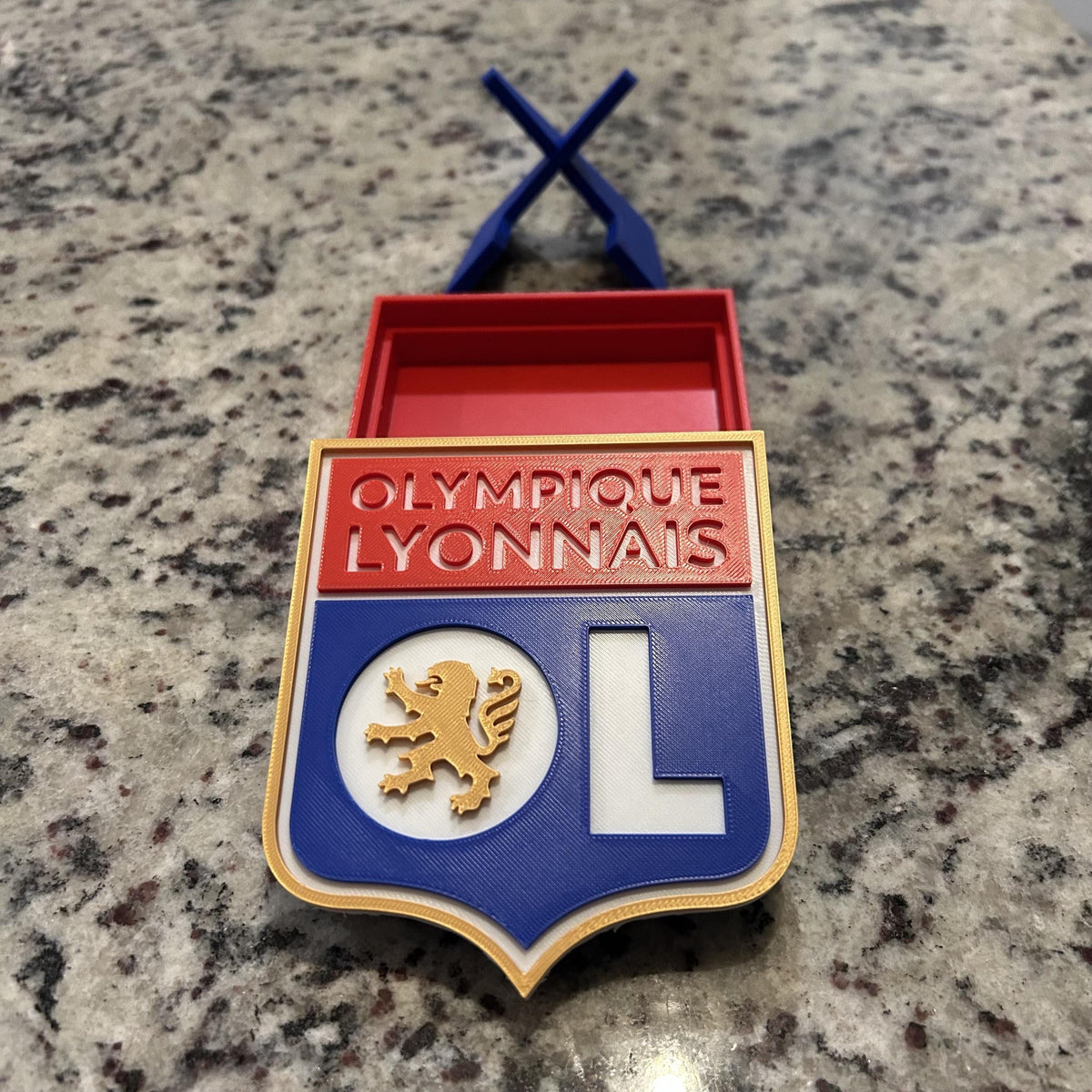 Olympique Lyonnais 3D Crest Display with Stand & Stash Box; 3D printed fan gift, made in USA