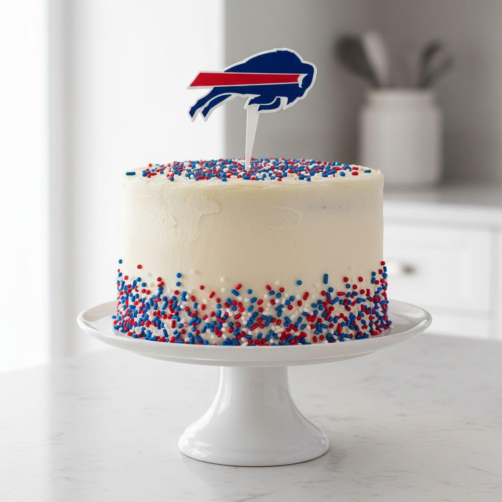Buffalo Bills 3D printed cake topper and cupcake toppers, food-grade PETG charging buffalo logo, NFL football birthday party decoration, made in USA