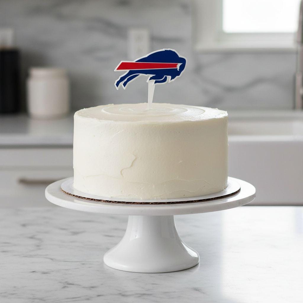 Buffalo Bills 3D printed cake topper and cupcake toppers, food-grade PETG charging buffalo logo, NFL football birthday party decoration, made in USA