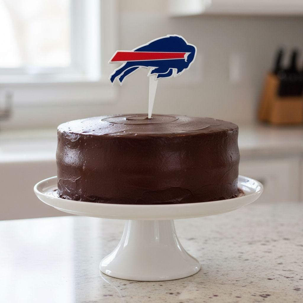 Buffalo Bills 3D printed cake topper and cupcake toppers, food-grade PETG charging buffalo logo, NFL football birthday party decoration, made in USA