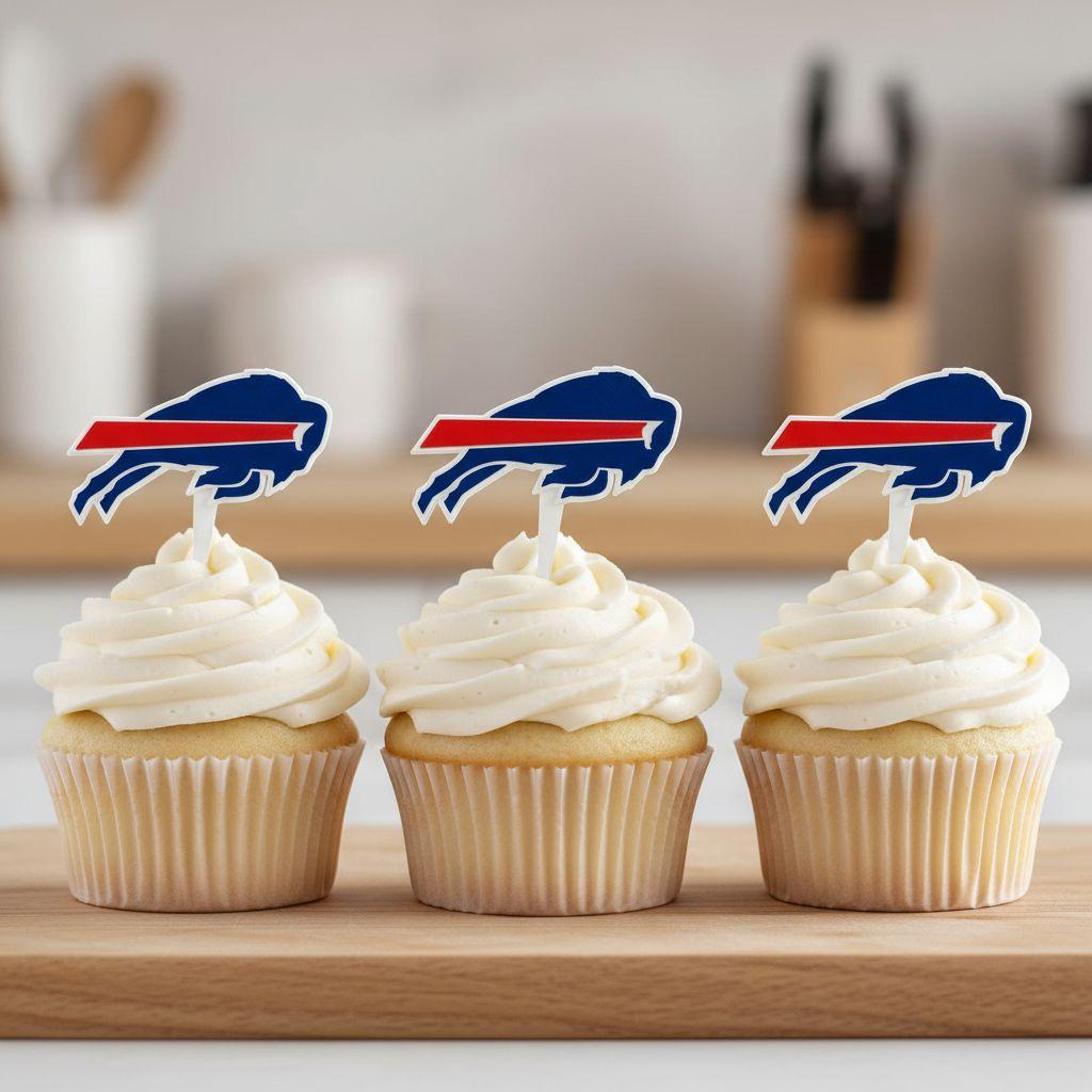 Buffalo Bills 3D printed cake topper and cupcake toppers, food-grade PETG charging buffalo logo, NFL football birthday party decoration, made in USA