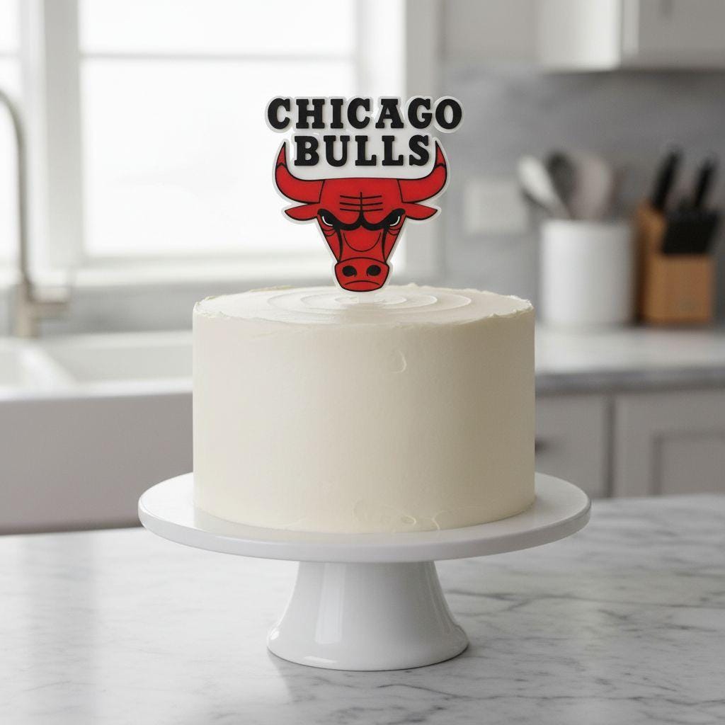 Chicago Bulls 3D printed cake topper and cupcake toppers, food-grade PETG Bulls logo, NBA basketball birthday party decoration, made in USA