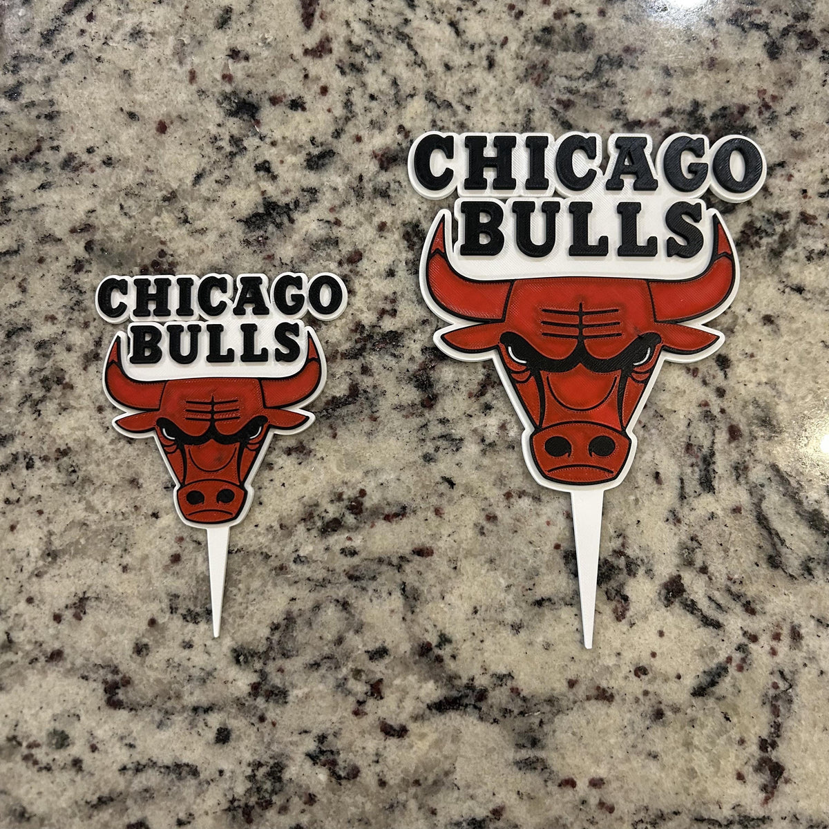 Chicago Bulls 3D printed cake topper and cupcake toppers, food-grade PETG Bulls logo, NBA basketball birthday party decoration, made in USA