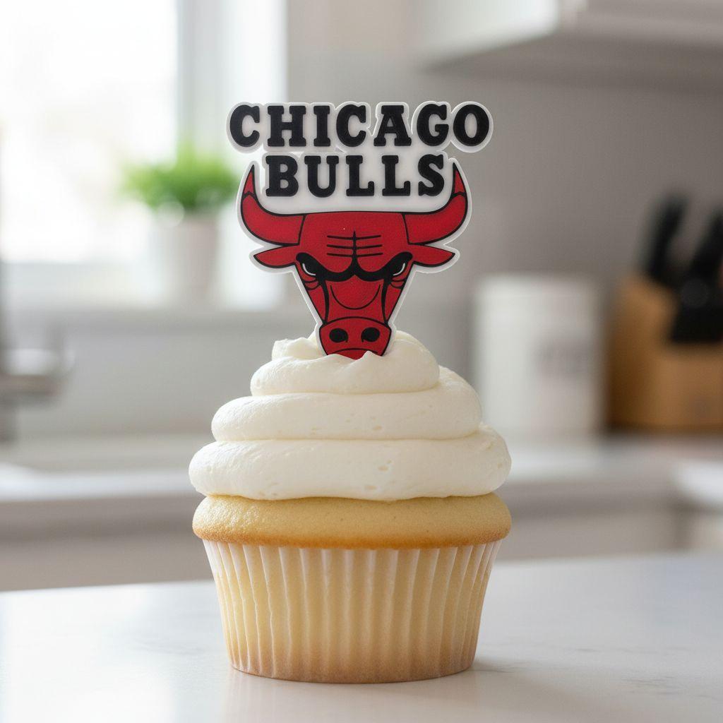Chicago Bulls 3D printed cake topper and cupcake toppers, food-grade PETG Bulls logo, NBA basketball birthday party decoration, made in USA