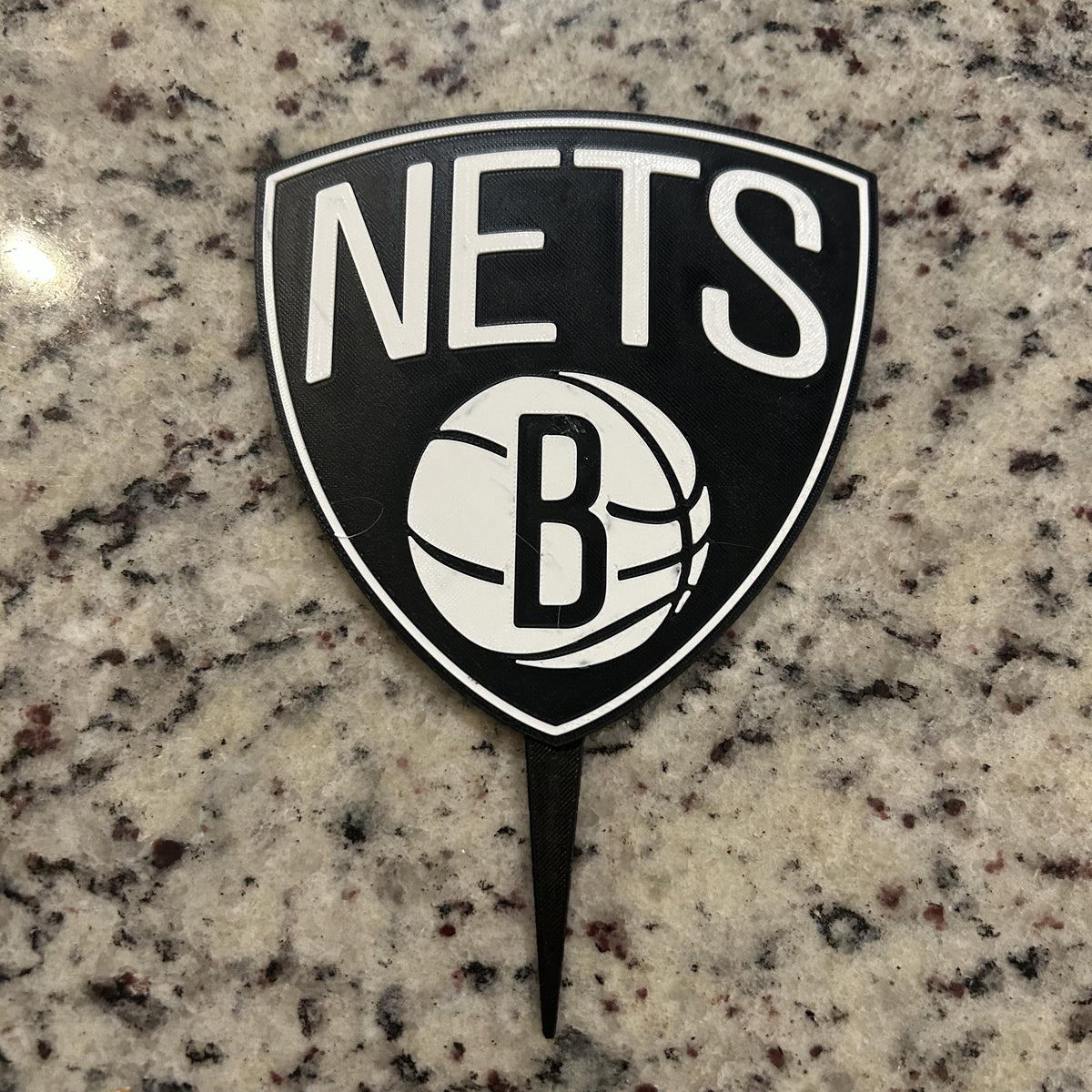 Brooklyn Nets 3D printed cake topper, food-grade PETG black and white Nets shield, NBA basketball birthday party decoration, made in USA