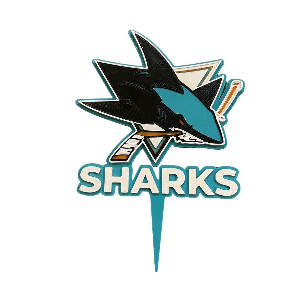 San Jose Sharks 3D printed cake topper, food-grade PETG teal shark logo, NHL hockey birthday party decoration, made in USA