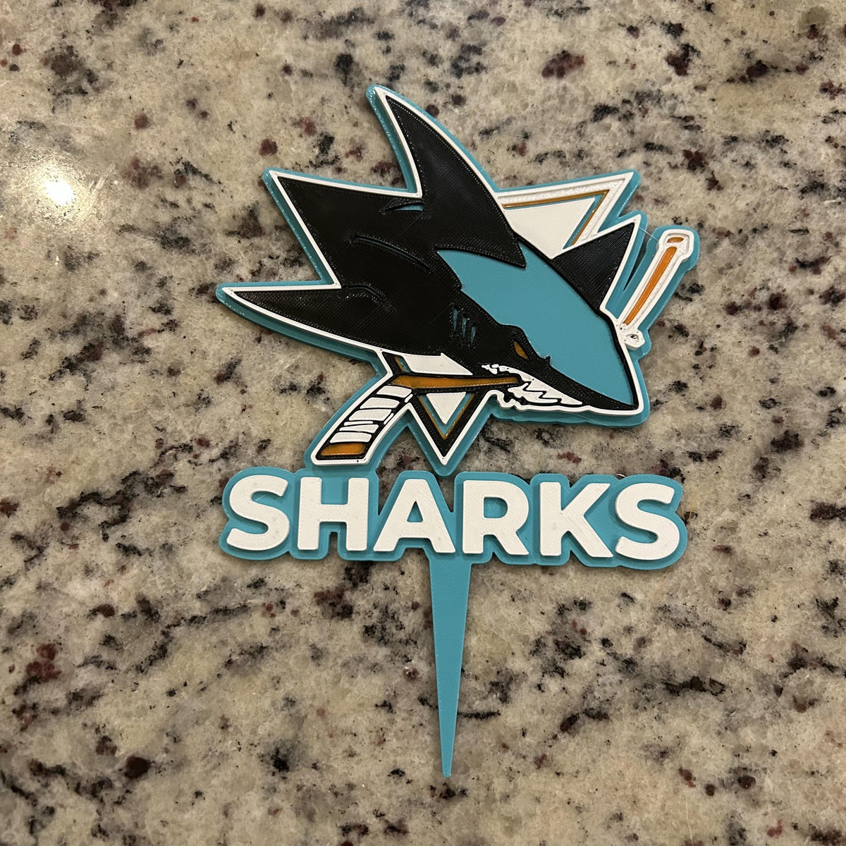 San Jose Sharks 3D printed cake topper, food-grade PETG teal shark logo, NHL hockey birthday party decoration, made in USA