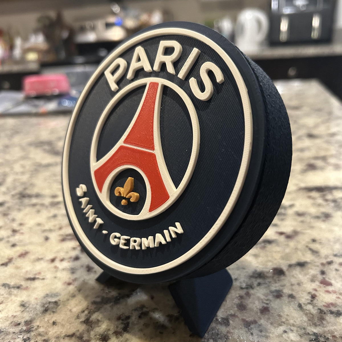 3D Printed Paris Saint-Germain PSG Crest Display with Stand; 3D printed fan gift, made in USA
