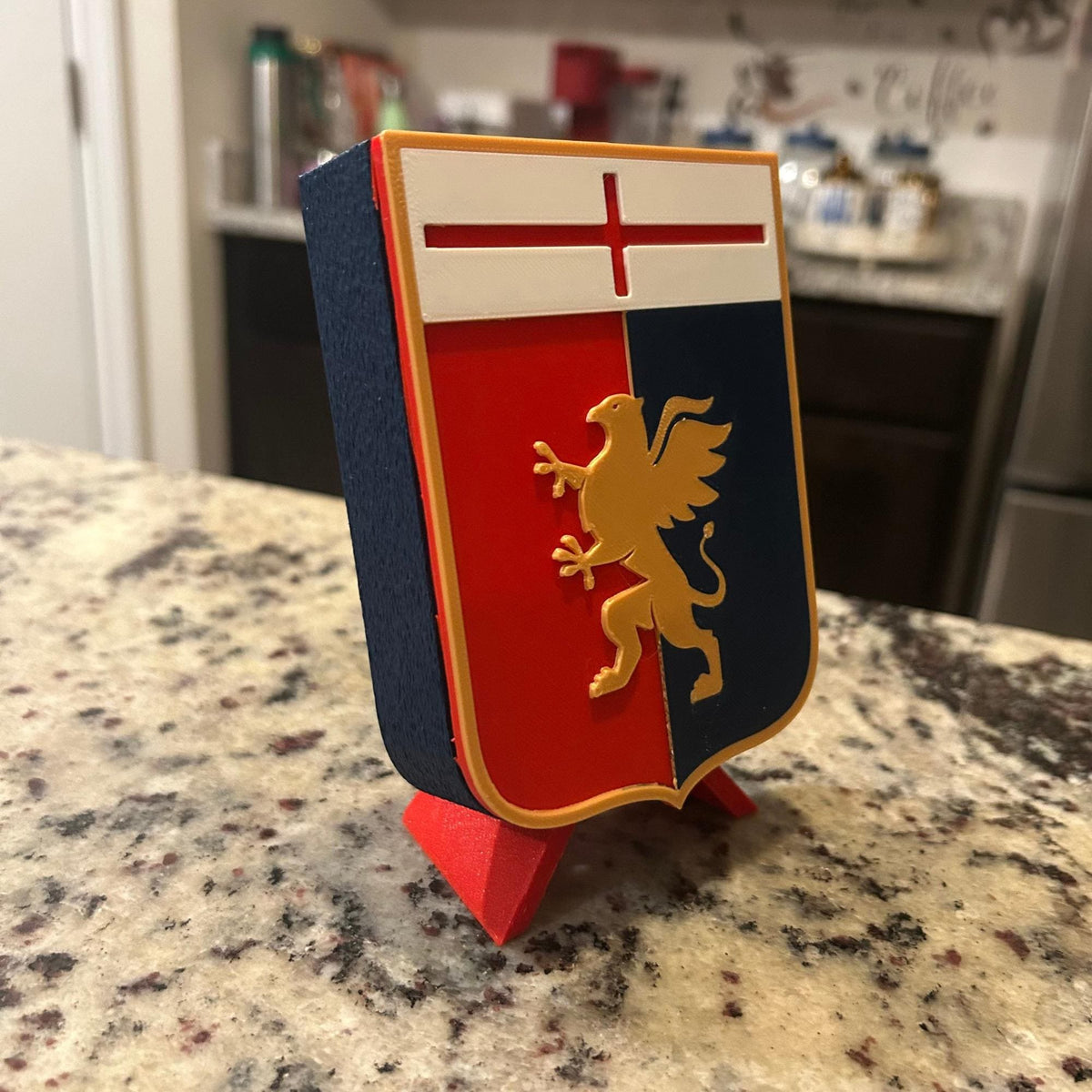 3D Printed Genoa CFC Crest Display with Stand; 3D printed fan gift, made in USA
