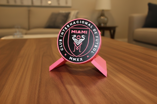 Inter Miami inspired 3D printed decorative plaque with team colors and crest on desk stand